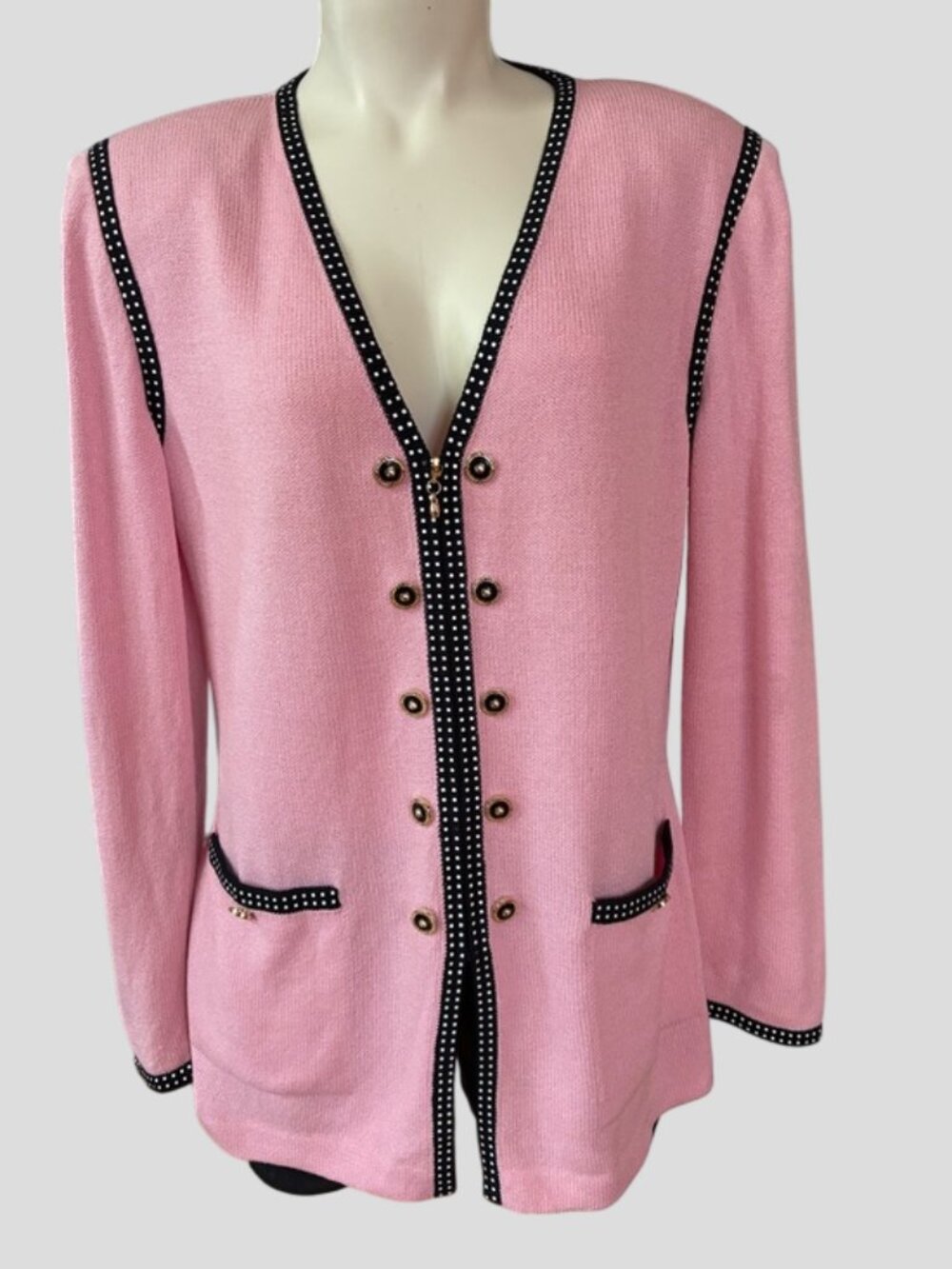 St. John Collection Marie Gray Signature Pink Knit Cardigan Jacket Size 8